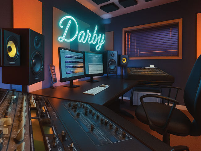 Darby Events music studio with neon sign and professional mixing desk for custom edits.