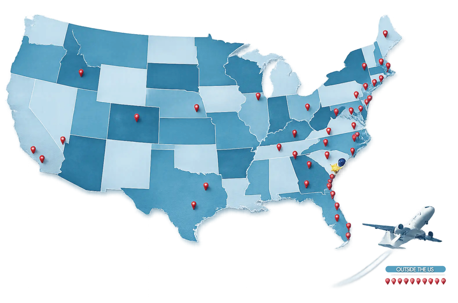Darby Events wedding DJ performance map across the United States, based in Charleston and available nationwide